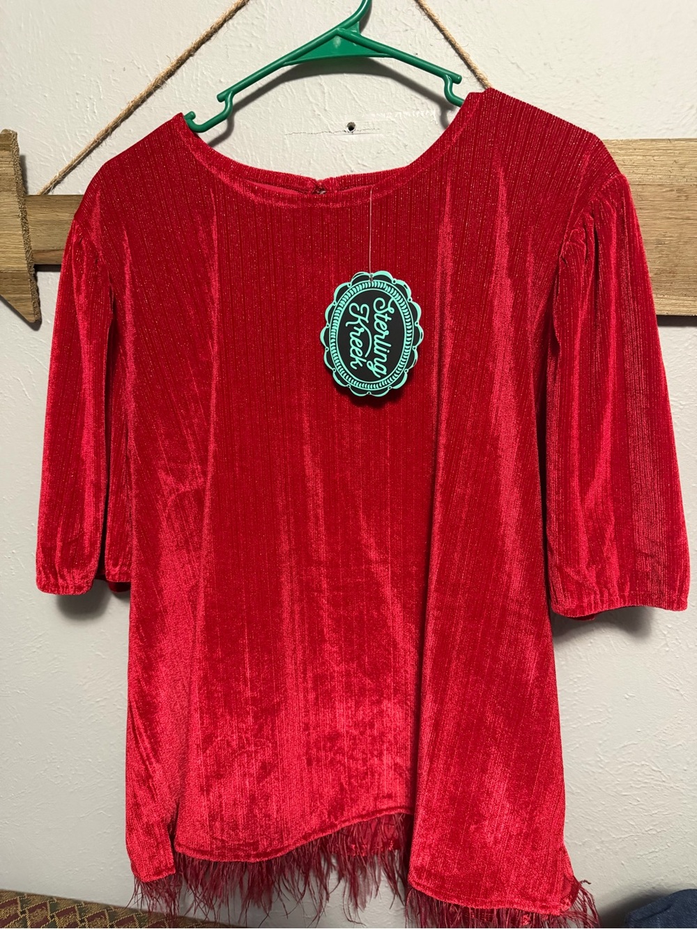Women's Red Velvet Feather-Hem Blouse by Sterling Kreek